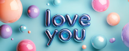 Colorful balloon text with love you message on blue background. Valentines day and romantic conceptの素材