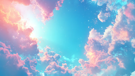 Vibrant clouds against a blue sky with sunlight, ethereal beauty. Dreamy sky and tranquility conceptの素材