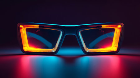 Neon-lit futuristic sunglasses on reflective surfaceの素材