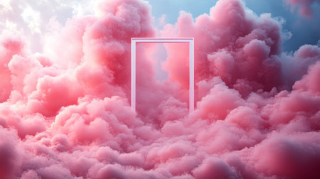 Surreal doorway floating in pink clouds, dreamlike escape conceptの素材