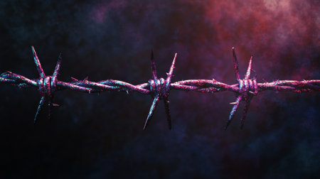 Barbed wire with neon glow on dark misty background, abstract conceptの素材