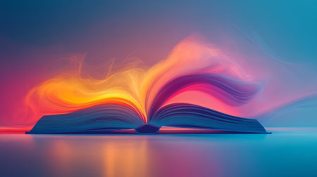Open book with flowing colorful light, magical reading conceptの素材