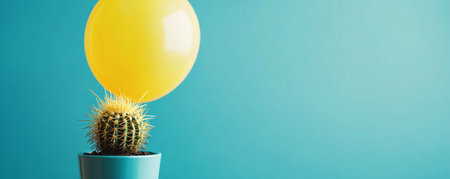 Yellow balloon above cactus on turquoise background, playful contrast conceptの素材