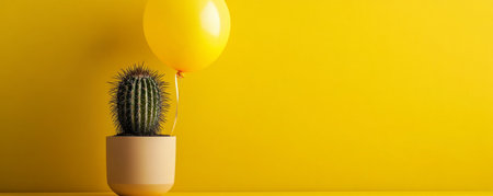 Cactus in a pot with yellow balloon on vibrant background, minimalistic design. Creative nature and decoration conceptの素材