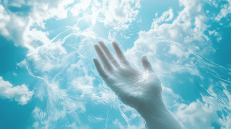 Hand reaching through water towards sky, serene conceptの素材
