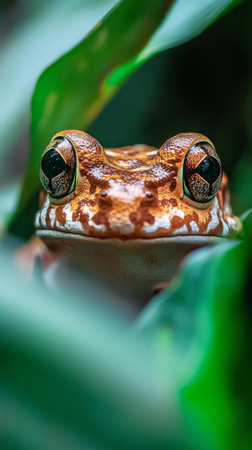 Close up of a colorful tree frog hidden in leaves, macro photography. Wildlife and nature conceptの素材