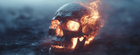 Burning skull on a dark misty surface, horror and mystery conceptの素材