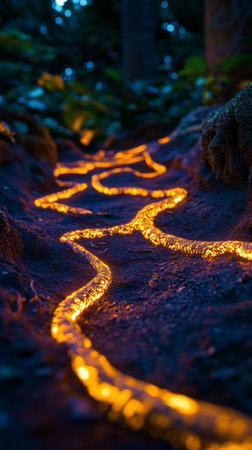 glowing path in a dark forest, mysterious and enchanting night sceneの素材