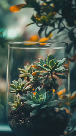succulent plants in glass terrarium, indoor garden conceptの素材