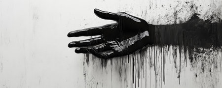 Hand covered in dripping black paint on white background, abstract art conceptの素材