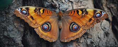 Owl butterfly resting on tree bark, detailed close-up. Nature and wildlife photography conceptの素材
