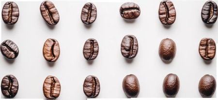 Roasted coffee beans on transparent background, pattern arrangement. Coffee culture and art conceptの素材