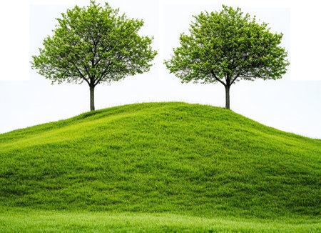 Two trees on green hill, serene landscape conceptの素材
