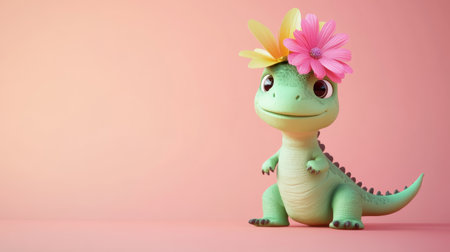 Cute cartoon dinosaur with flowers on head, playful and colorful setting. Adorable character design conceptの素材