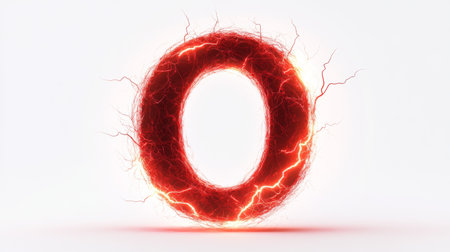 Fiery electric letter o with lightning energy, white background. Abstract concept of power and energyの素材