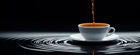 Coffee pouring into white cup on rippling water surface, dark background. Refreshing beverage and relaxation conceptの素材