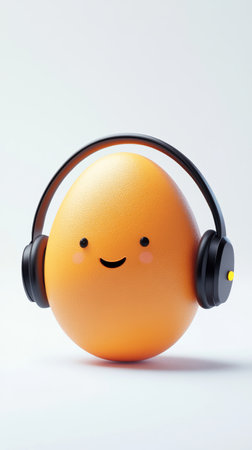 Smiling orange egg character wearing headphones, minimalistic cute art conceptの素材