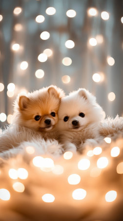 Adorable pomeranian puppies with bokeh lights, cozy and warm atmosphere. Cute pets and holiday greeting conceptの素材
