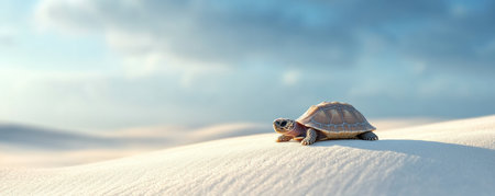 Turtle walking on sand dunes under blue sky, tranquil nature scene. Wildlife and solitude conceptの素材
