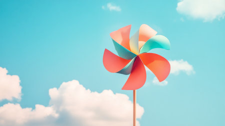 Colorful pinwheel against blue sky and clouds, childhood and playfulness conceptの素材