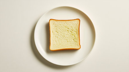 Slice of white bread on a round white plate against a plain background, minimalism and simplicity conceptの素材