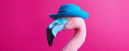 Flamingo wearing a blue hat against a vibrant pink backgroundの素材