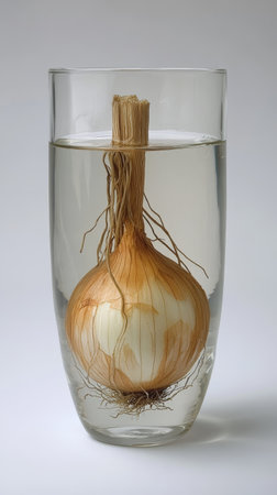 Onion in water glass with roots showing, minimalistic conceptの素材