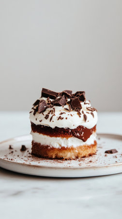 Chocolate layer cake with whipped cream and chocolate shavings on a plate, dessert conceptの素材
