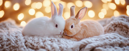 Two adorable bunnies snuggling on a cozy knit blanket with warm bokeh lights in the background, winter warmth and comfort conceptの素材