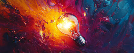 Light bulb surrounded by vibrant abstract paint, glowing energy conceptの素材