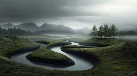 Serene landscape with winding river and misty mountainsの素材