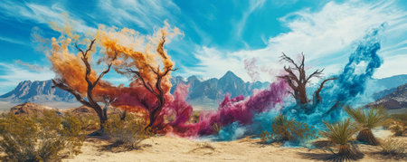 Vibrant colored smoke surrounding barren desert trees, surreal landscape. Artistic expression and nature conceptの素材