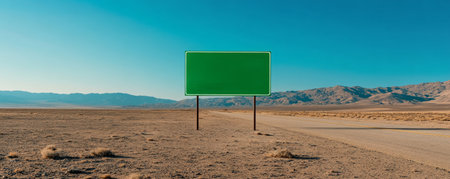 Green billboard in desert landscape with mountains under clear blue sky, empty message and advertising conceptの素材