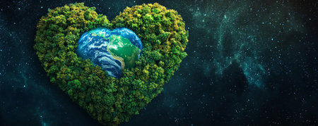 Heart-shaped earth surrounded by lush green forest in space, symbolizing environmental conservation. Sustainability and nature conceptの素材