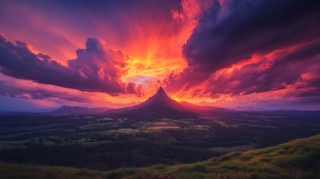 Dramatic mountain landscape at sunset, fiery sky with vivid colors. Nature and tranquility conceptの素材
