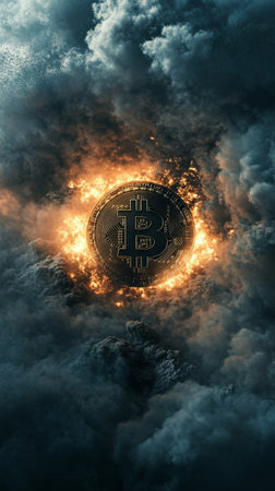 bitcoin coin surrounded by fire and smoke in dark dramatic scene, cryptocurrency conceptの素材