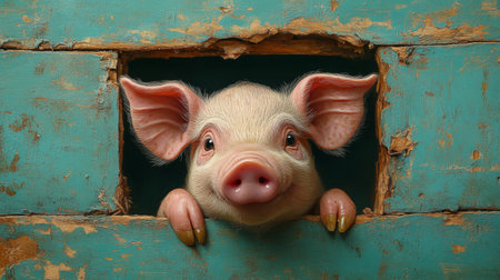 Piglet peeking through wooden fence, cute animal portraitの素材