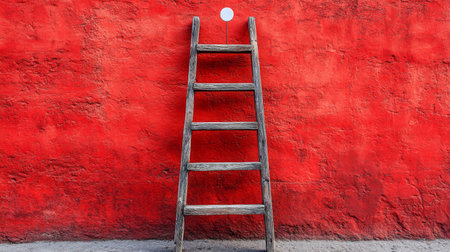 Wooden ladder leaning against a vibrant red textured wall with a round white sign, artistic composition. Creativity and imagination conceptの素材