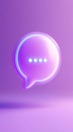 Glowing neon chat bubble in purple hue with ellipsis symbol, minimalist design. Modern communication and social media conceptの素材