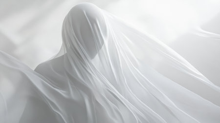 Ethereal figure draped in flowing white fabric, surreal and mysterious atmosphere. Mystery and art conceptの素材