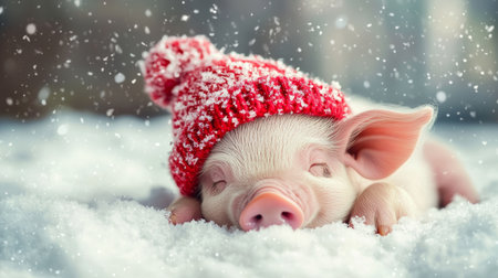 Sleeping piglet in red knitted hat resting peacefully in snowy landscape with falling snowflakes. Winter tranquility and coziness concept.の素材