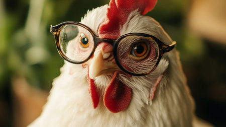 White chicken wearing glasses with a curious expression against blurred green background. Humorous animal portrait conceptの素材