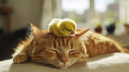 Ginger cat sleeping with a yellow duckling resting on its head, bathed in warm sunlight. Unlikely friendship and harmony in nature concept.の素材