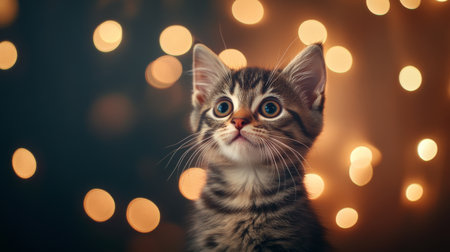 Adorable tabby kitten with wide eyes against a backdrop of warm, glowing bokeh lights. Cute and festive atmosphere, joyful pet photography concept.の素材