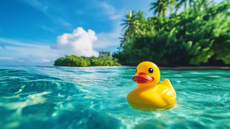Yellow rubber duck floating on turquoise ocean water near tropical island with lush greenery under blue sky. Playful vacation and relaxation conceptの素材