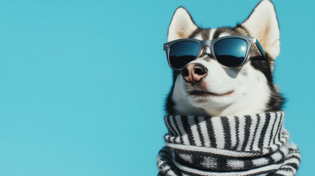 Siberian husky wearing sunglasses and a striped scarf in front of a bright blue background. Stylish and cool dog fashion conceptの素材
