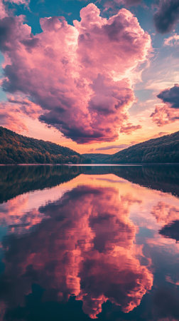 Majestic pink clouds reflecting on calm lake water at sunset surrounded by forested hills. Nature tranquility and scenic landscape conceptの素材