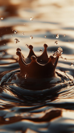 Water droplets forming a crown shape on liquid surface, golden reflections. Artistic nature and abstract art conceptの素材