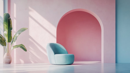 Minimalistic room with pastel pink arch, blue chair and plant, bathed in soft sunlight. Contemporary interior design conceptの素材