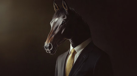Portrait of a horse-headed man in a suit with a golden tie against a dark background. Surreal art and business conceptの素材